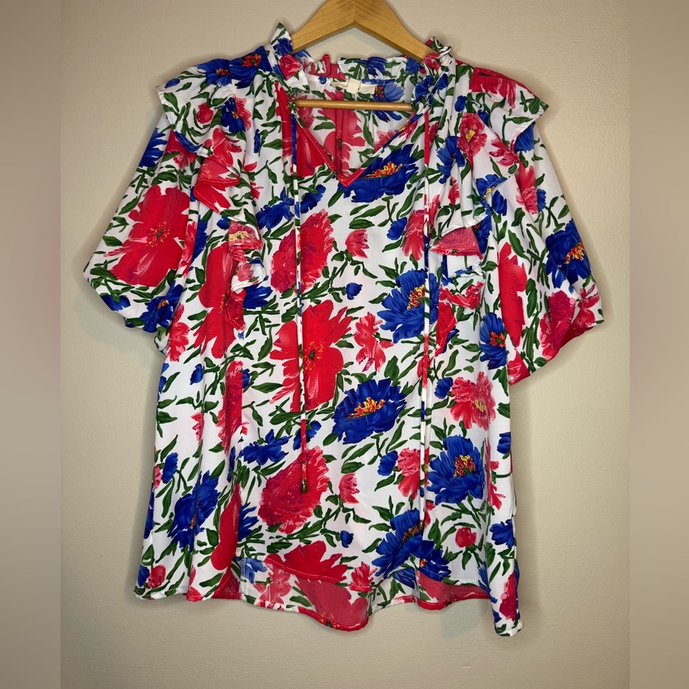Entro Floral Ruffle Blouse‎ Womens Medium Colorful Peasant Top